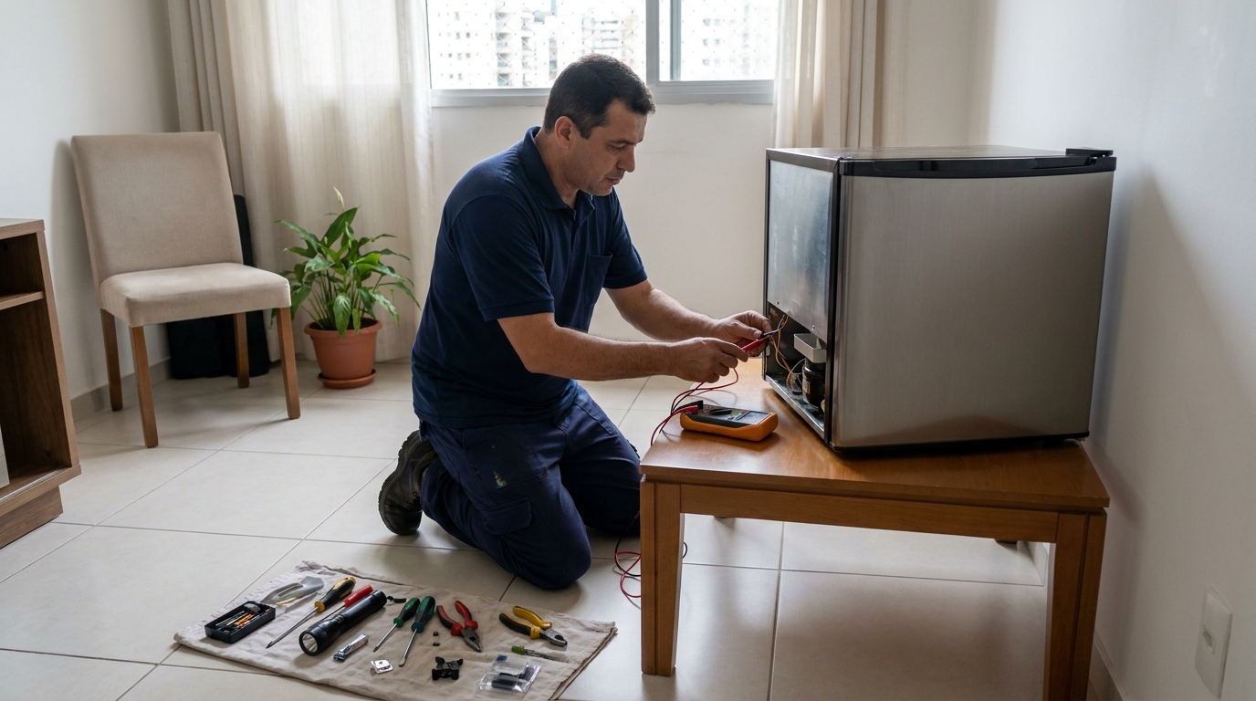 Técnico realizando manutenção de motor de frigobar em São José do Rio Preto‑SP