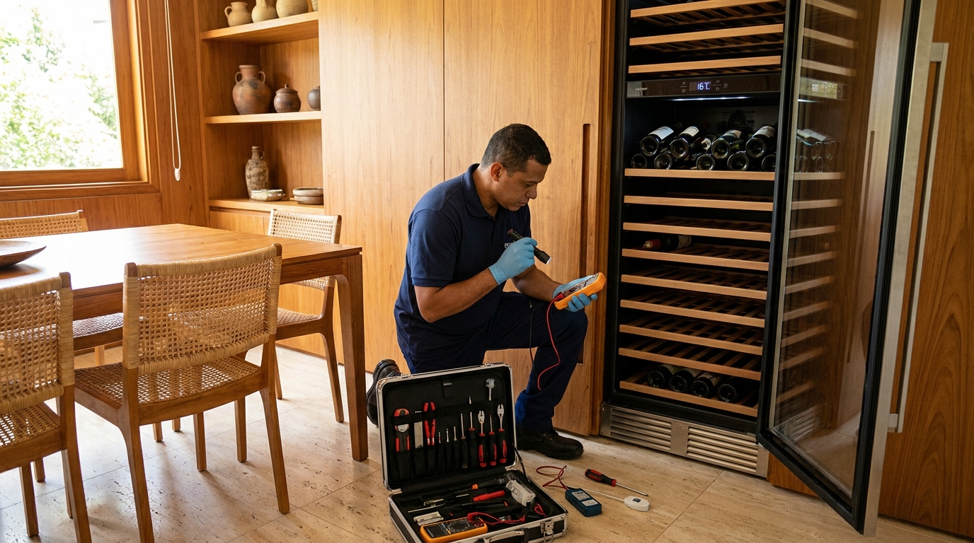 Troca de termostato de adega climatizada em atendimento técnico na Chácara Recreio Nossa Senhora do Líbano, SaoJoseDoRioPreto‑SP